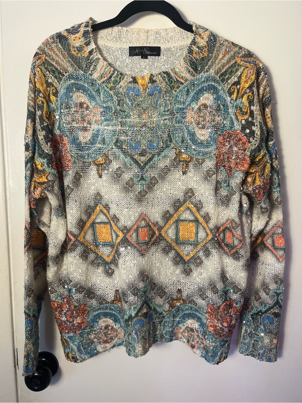 Nicole Sabbattini Lightweight Knit Mix Pattern Sweater Large Boho Fairy Hippie